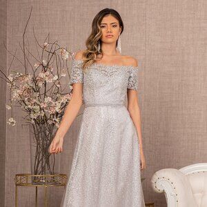 NEW LONG OFF THE SHOULDER EMBROIDERED GLITTER MESH DRESS WITH ZIPPER BACK GL2942